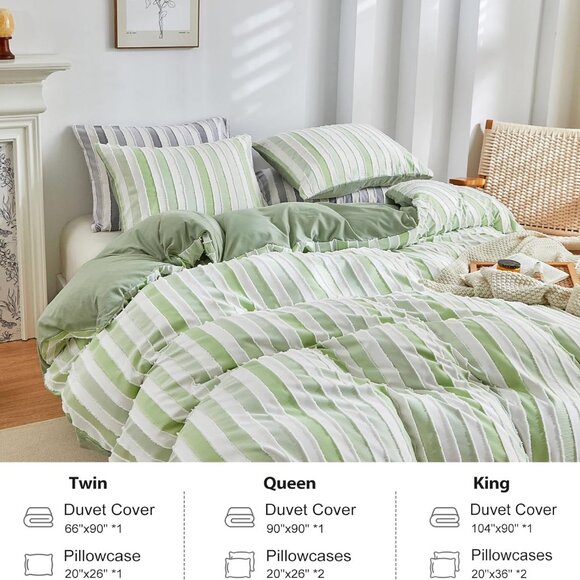 Warmdern Other - WARMDERN White and Green Boho Duvet Cover King Size, Striped Tufted Duvet Cover